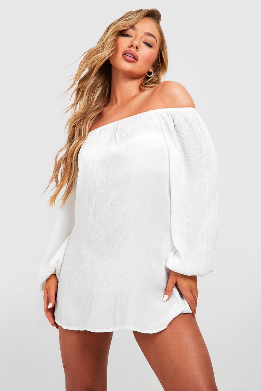 White bianco שמלת חוף מיני בסגנון ברדו מבד גאזה image number 1