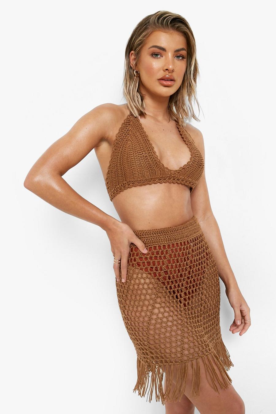 Mocha beige Crochet Tassel Hem Beach Mini Skirt