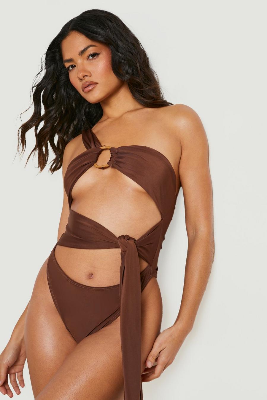 Chocolate brown O-ring Wrap Detail One Shoulder Swimsuit