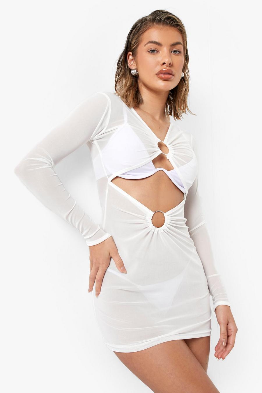 White O-ring Mesh Beach Mini Dress image number 1