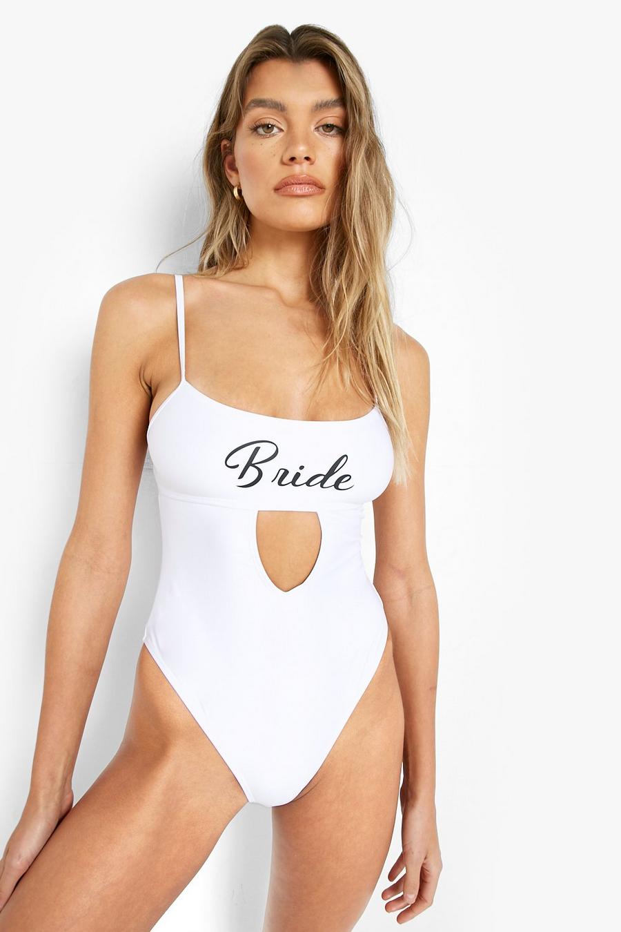 White Bride Slogan Cut Out Swimsuit image number 1