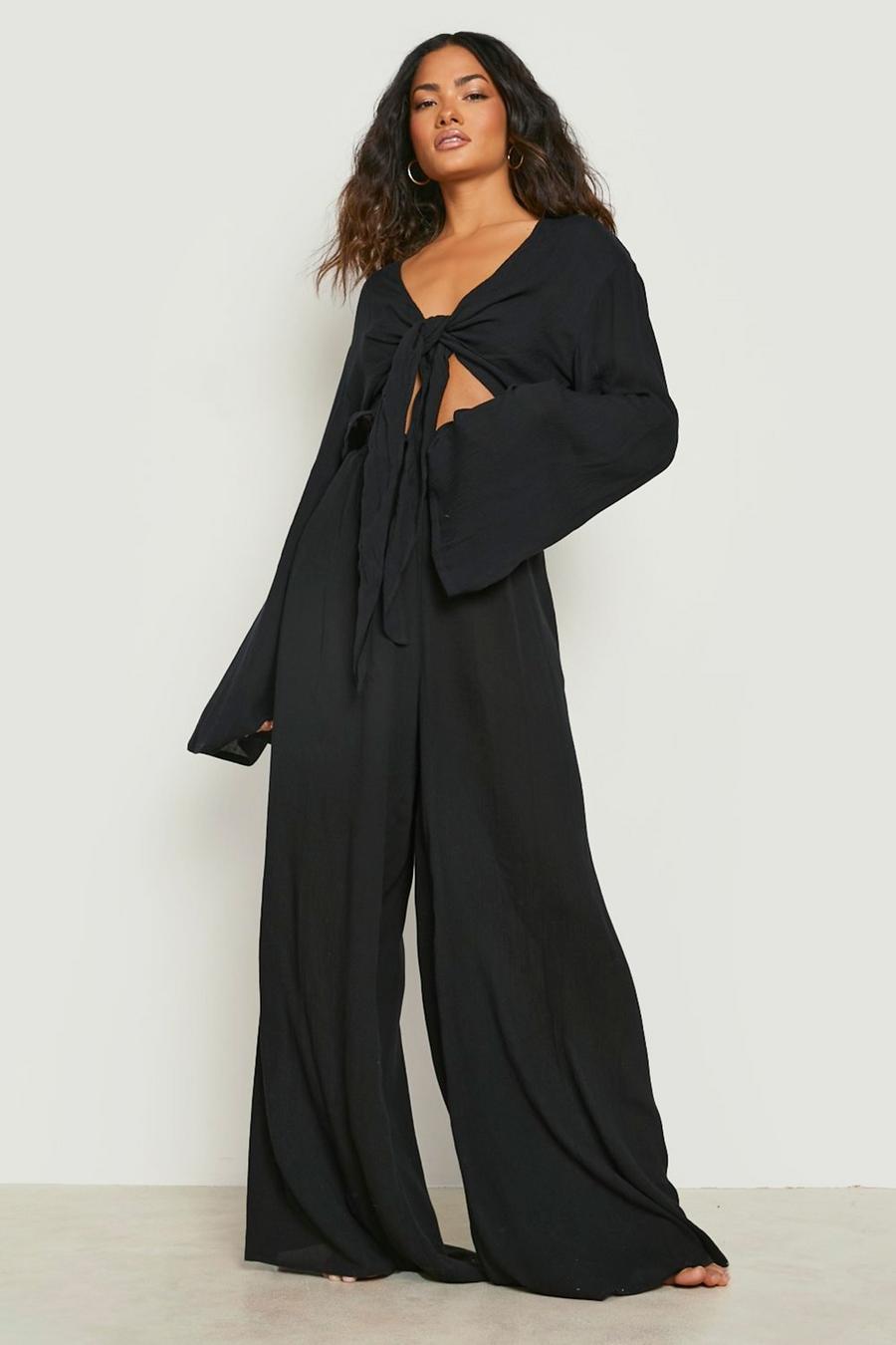 Black Sustainable Crinkle Shirred Beach Trouser