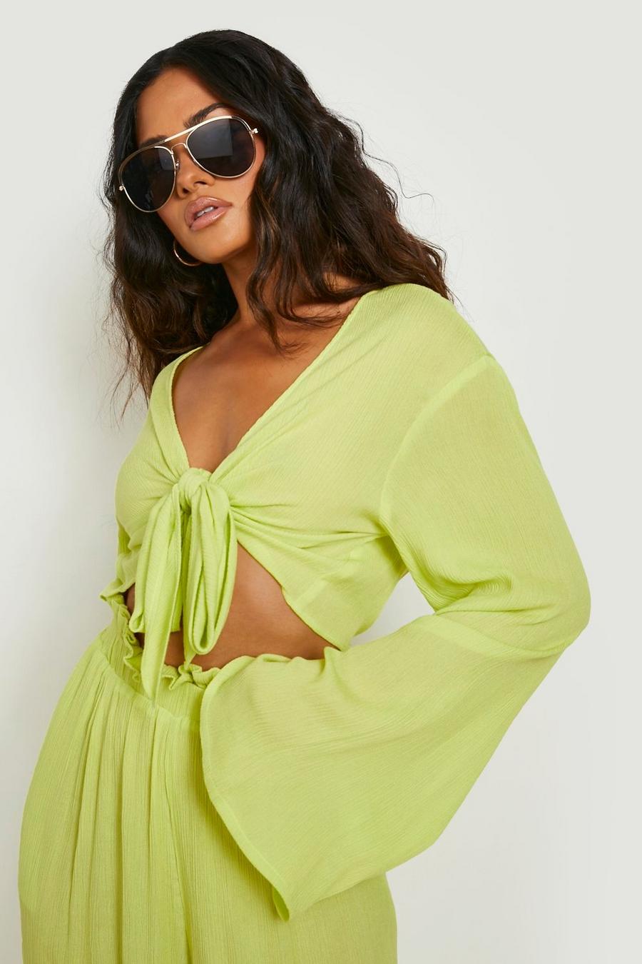Lime green Crinkle Tie Knot Beach Shirt
