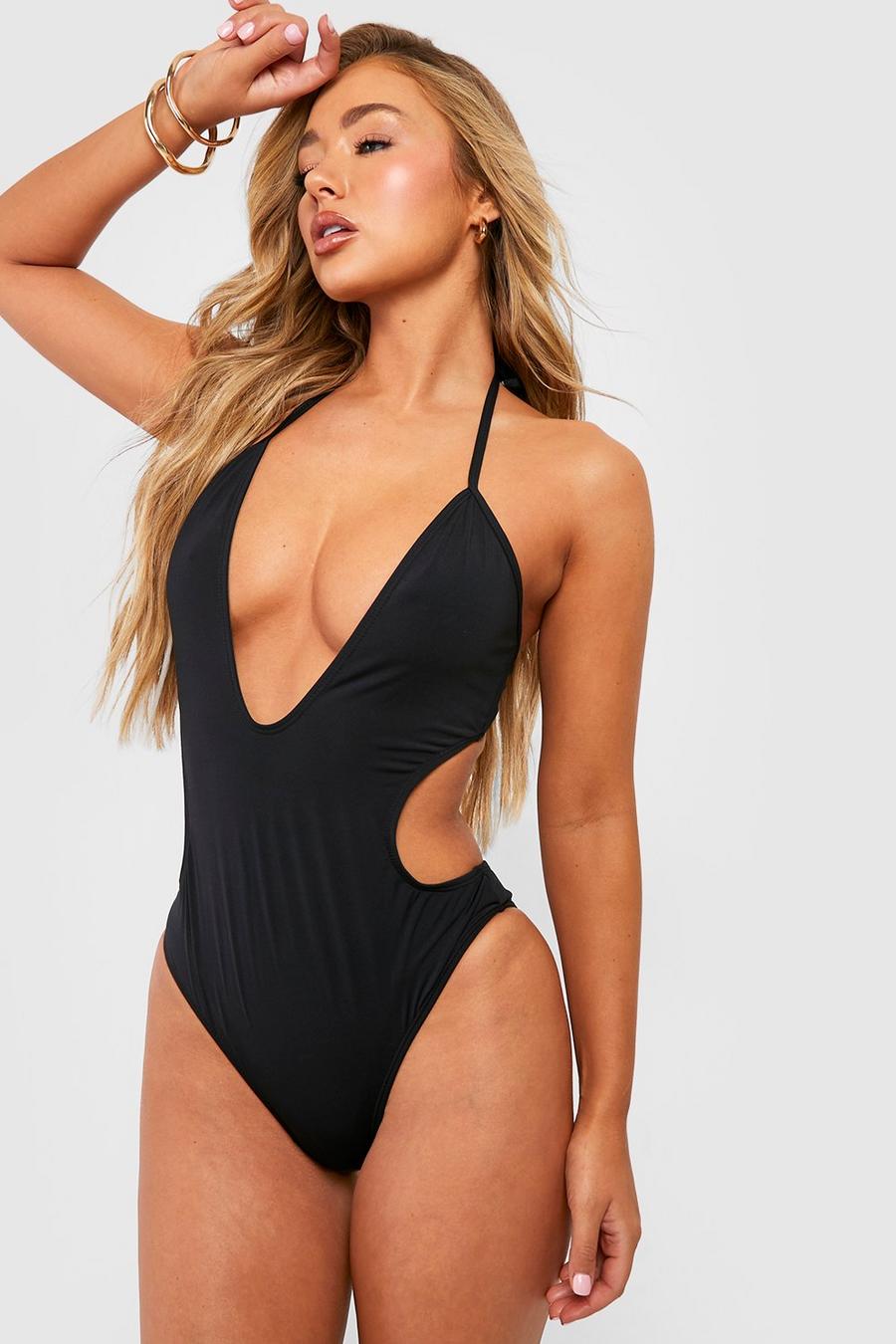 Black Deep Plunge Cut Out Recycled Swimsuit image number 1