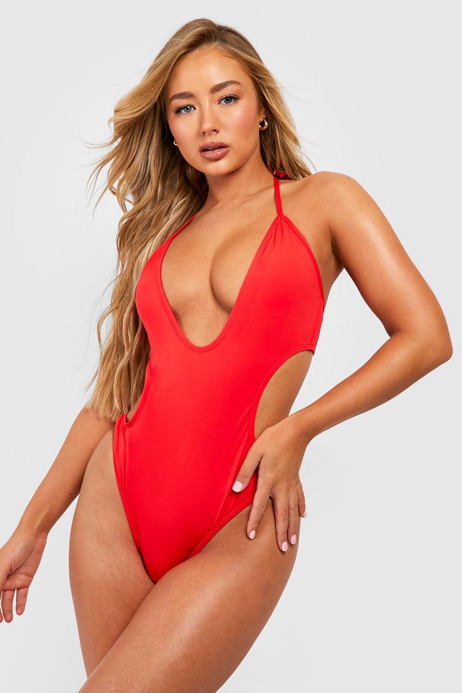 Red Deep Plunge Cut Out Recycled Swimsuit image number 1