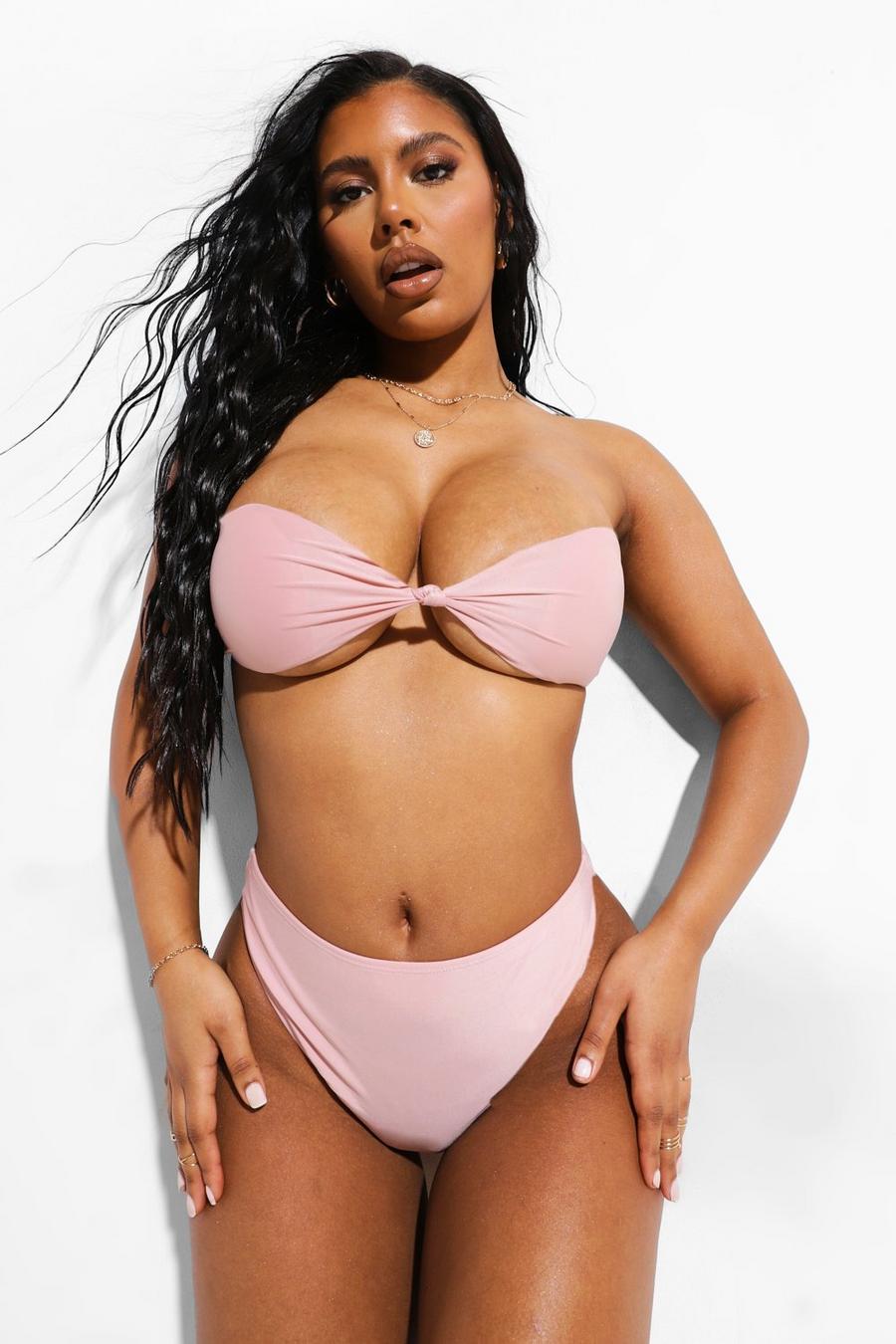 Dusty pink Bikinitopp i bandeaustil med knut fram image number 1