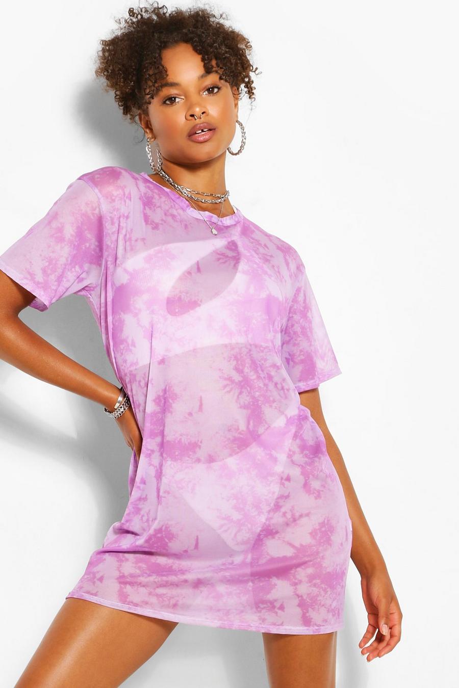 T-Shirt-Kleid aus Mesh in Batik-Optik, Flieder image number 1