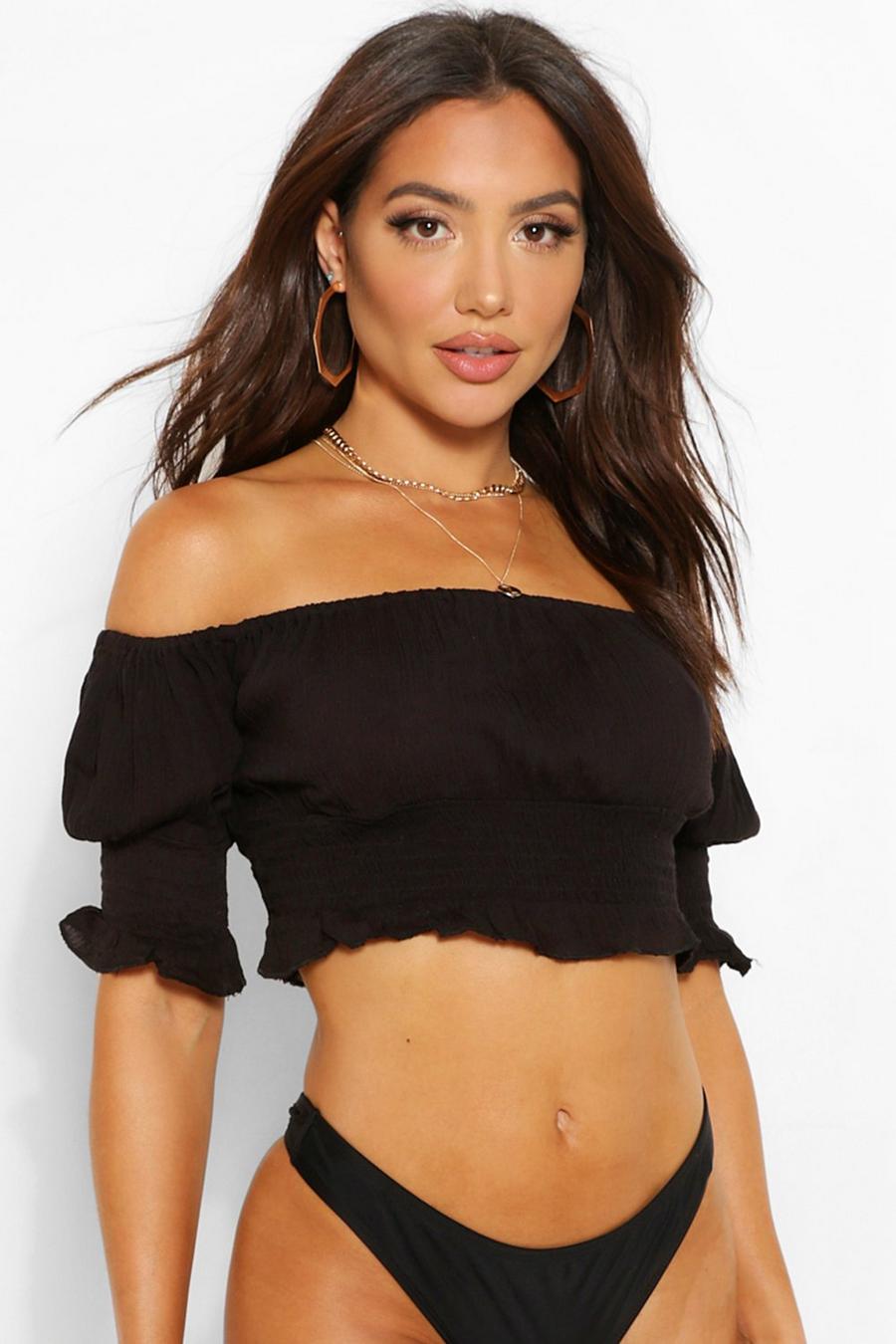 Black negro Cheesecloth Off The Shoulder Top image number 1