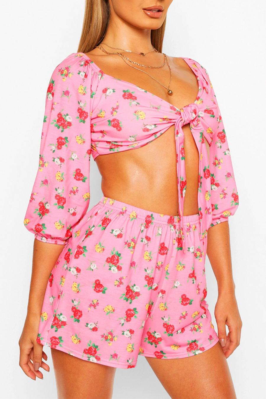 Pink Beach Ditsy Floral Crop and Short Co-ord image number 1