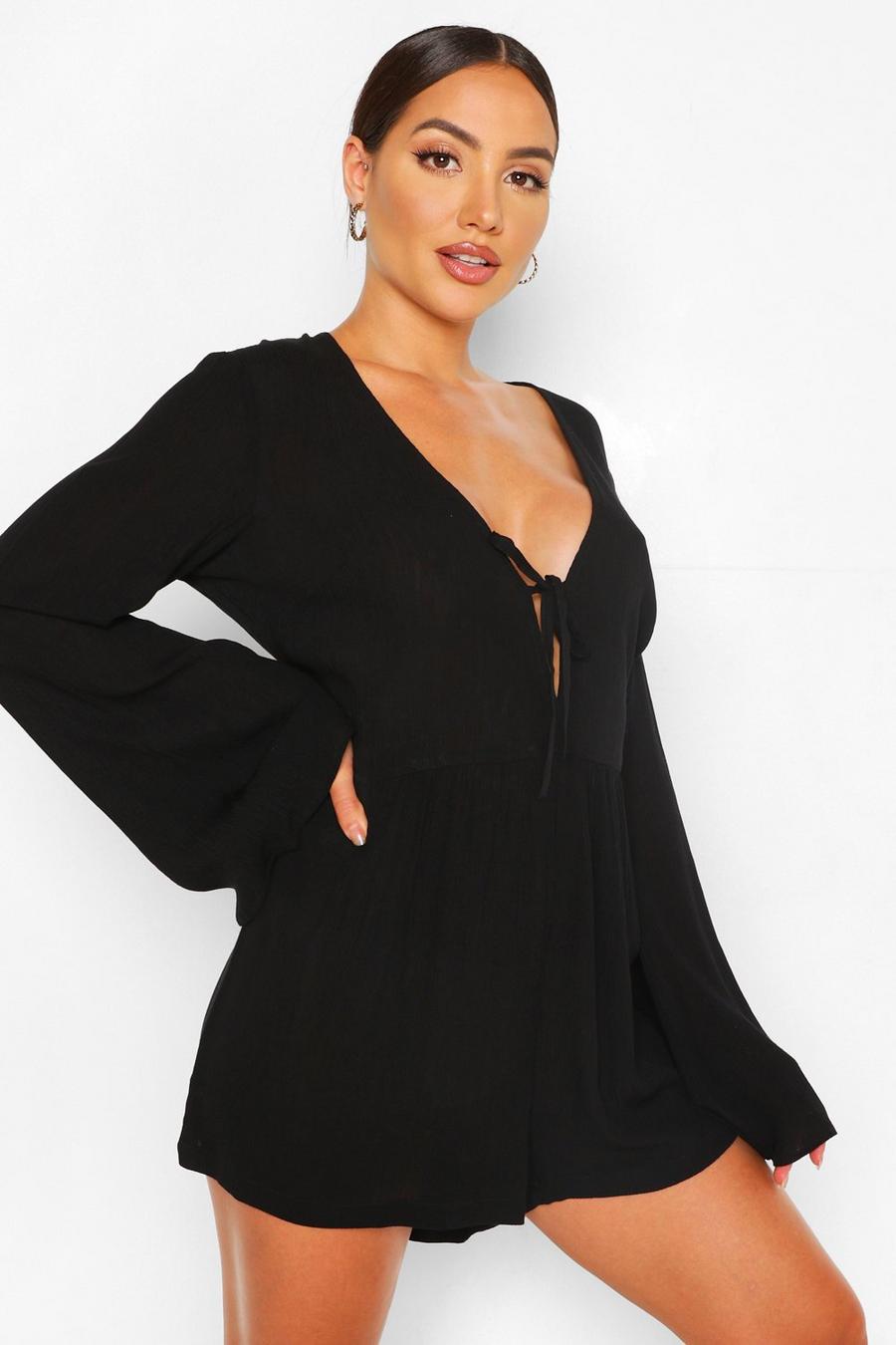 Wide Sleeve Tie Front Cheesecloth Beach Playsuit image number 1