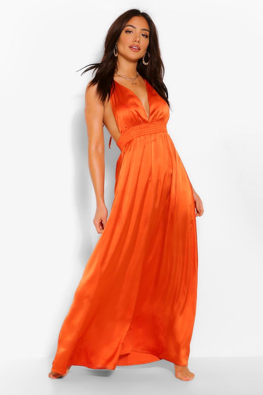 Orange Lång strandklänning med låg urringning image number 1