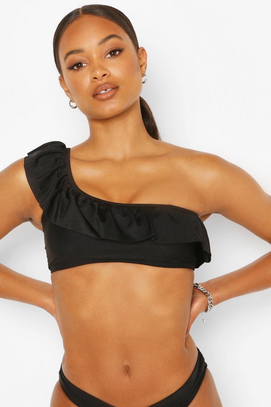 Black One shoulder-bikini med volanger image number 1