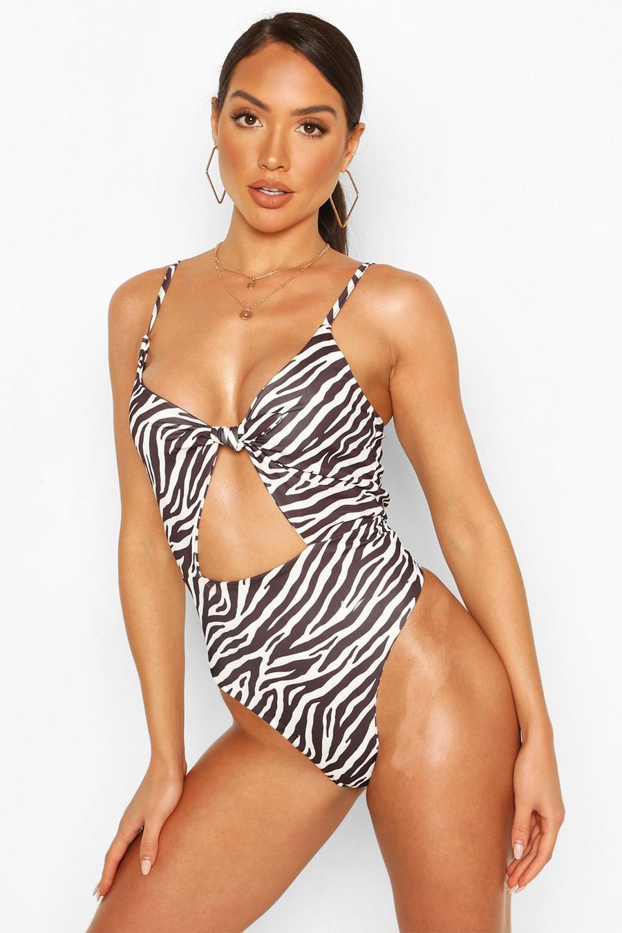 Zebra Print Cut Out Swimsuit, Black image number 1