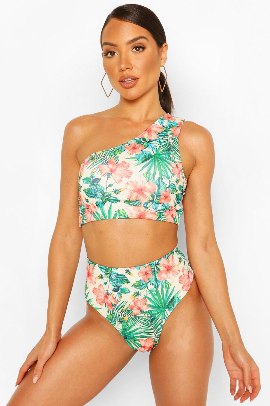Slip bikini Mix & Match a vita alta con motivo a fiori tropicale image number 1
