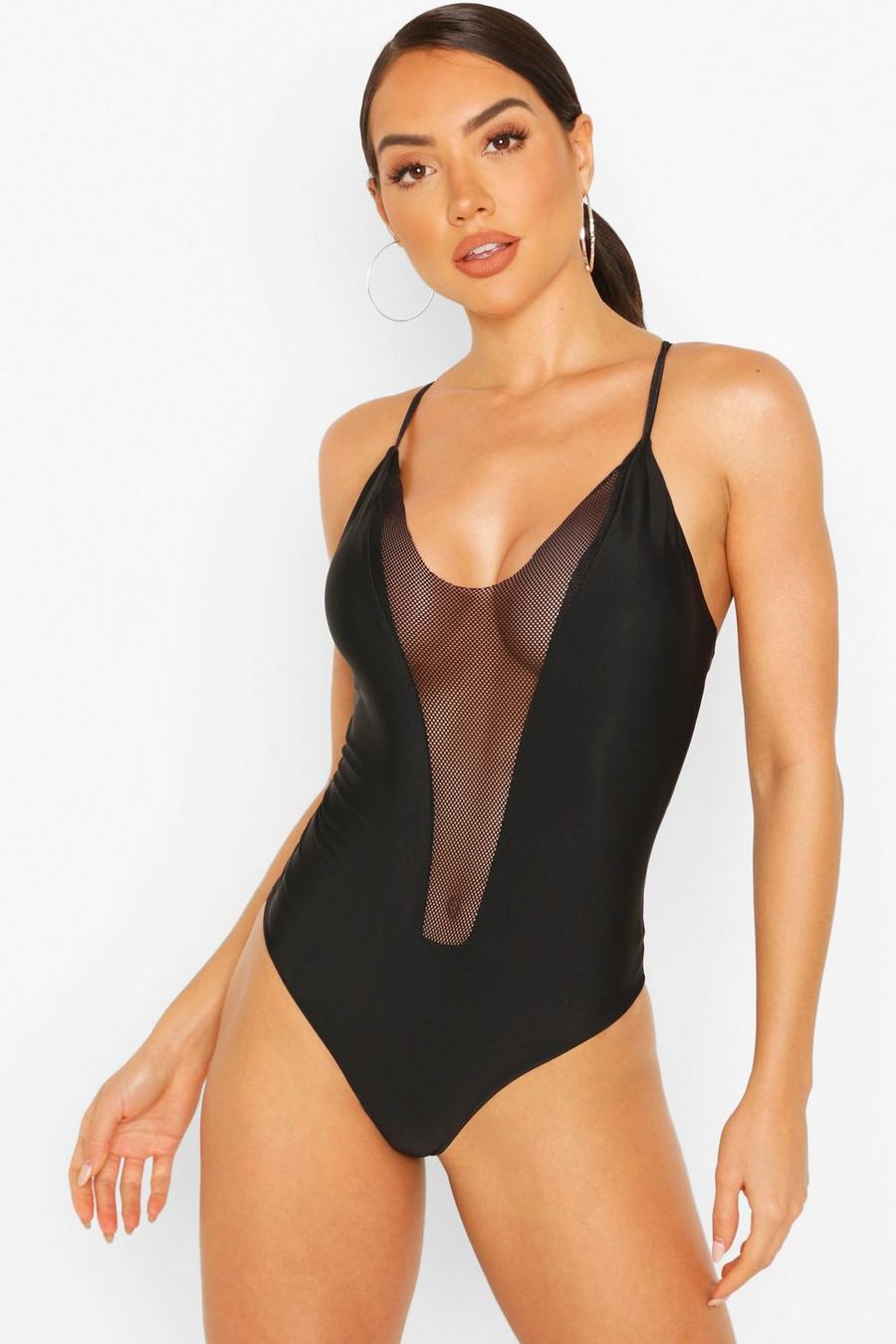 Plunge Front Mesh Insert Swimsuit image number 1