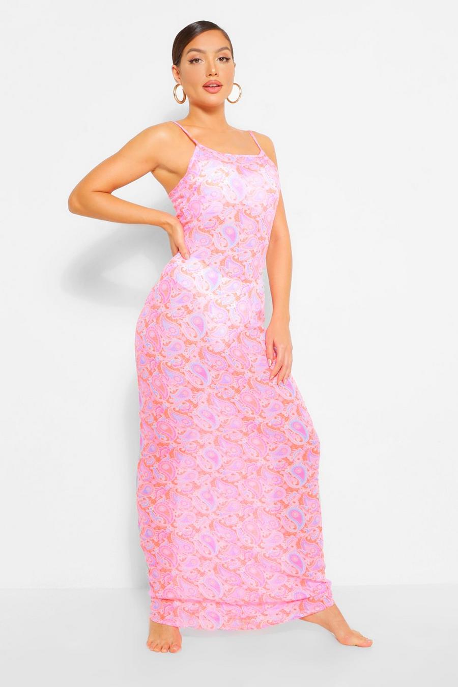 Coral Neon Paisley Strappy Maxi Beach Dress image number 1
