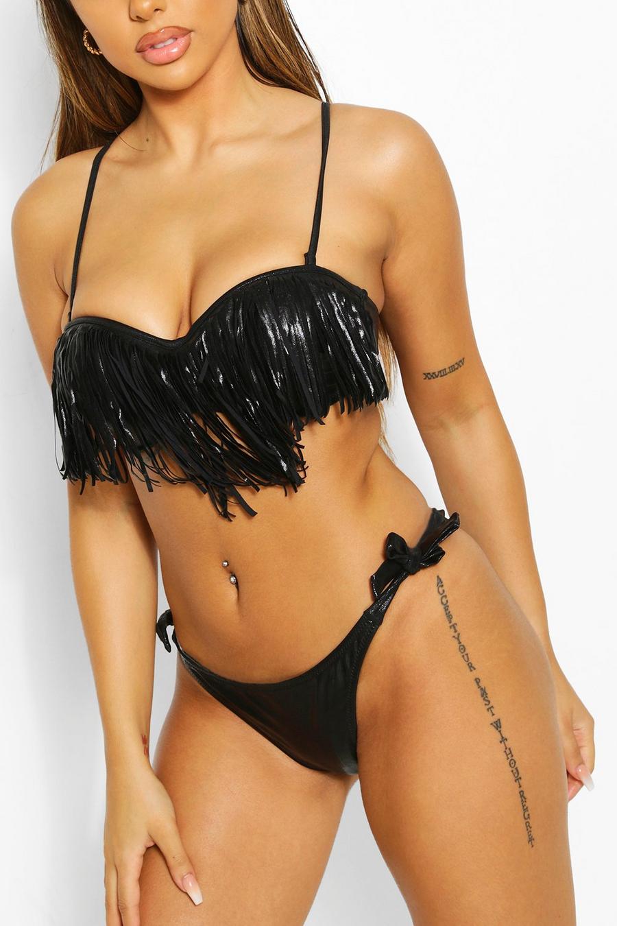 Bikini métallisé à pampilles, Noir image number 1