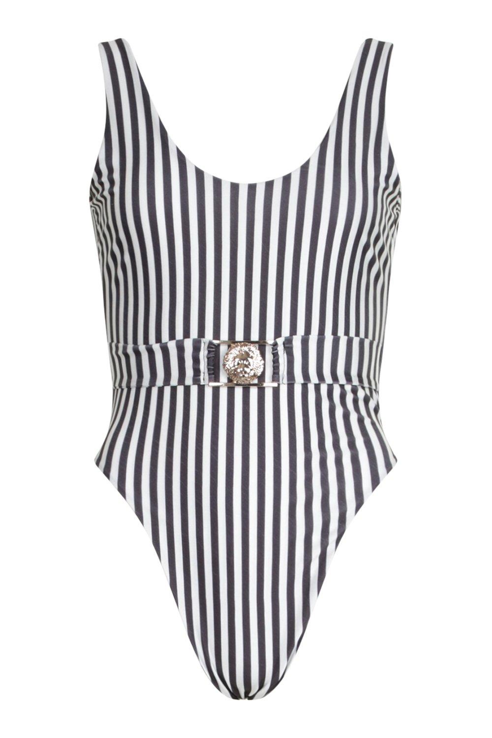 Lion Trim Striped Belted Swimsuit