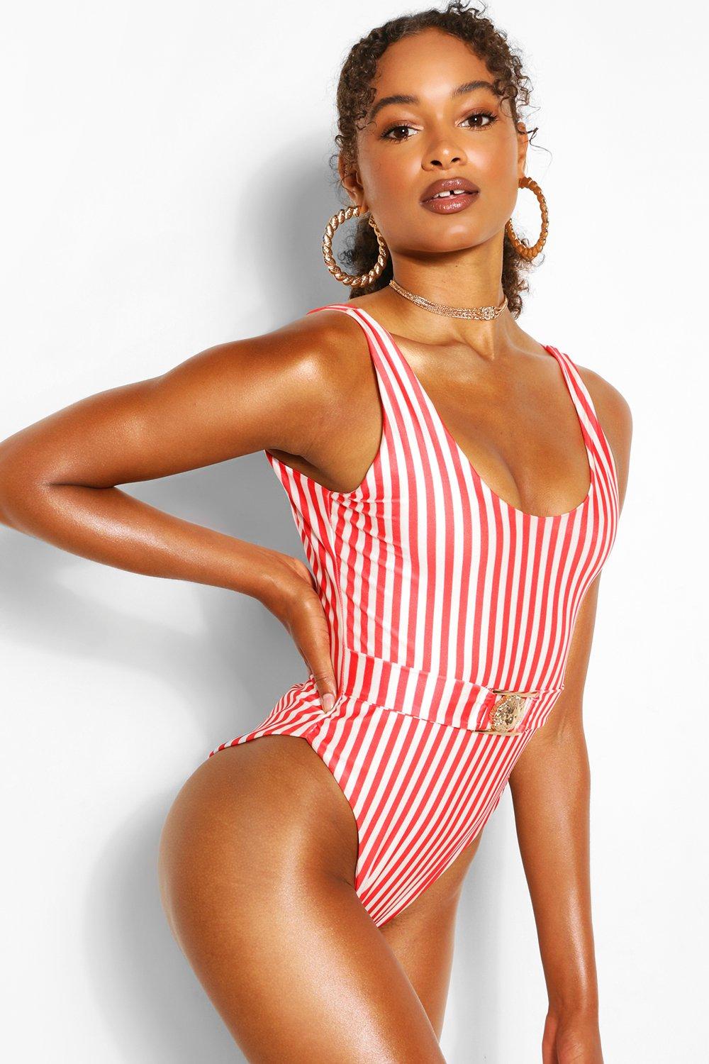 Lion Trim Striped Belted Swimsuit boohoo UK