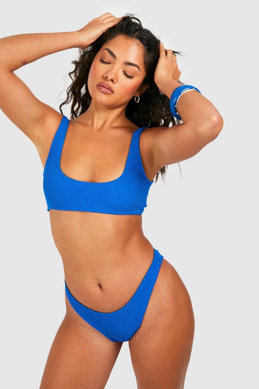 Crop top bikini effetto goffrato con scollo rotondo, Pacific blue
