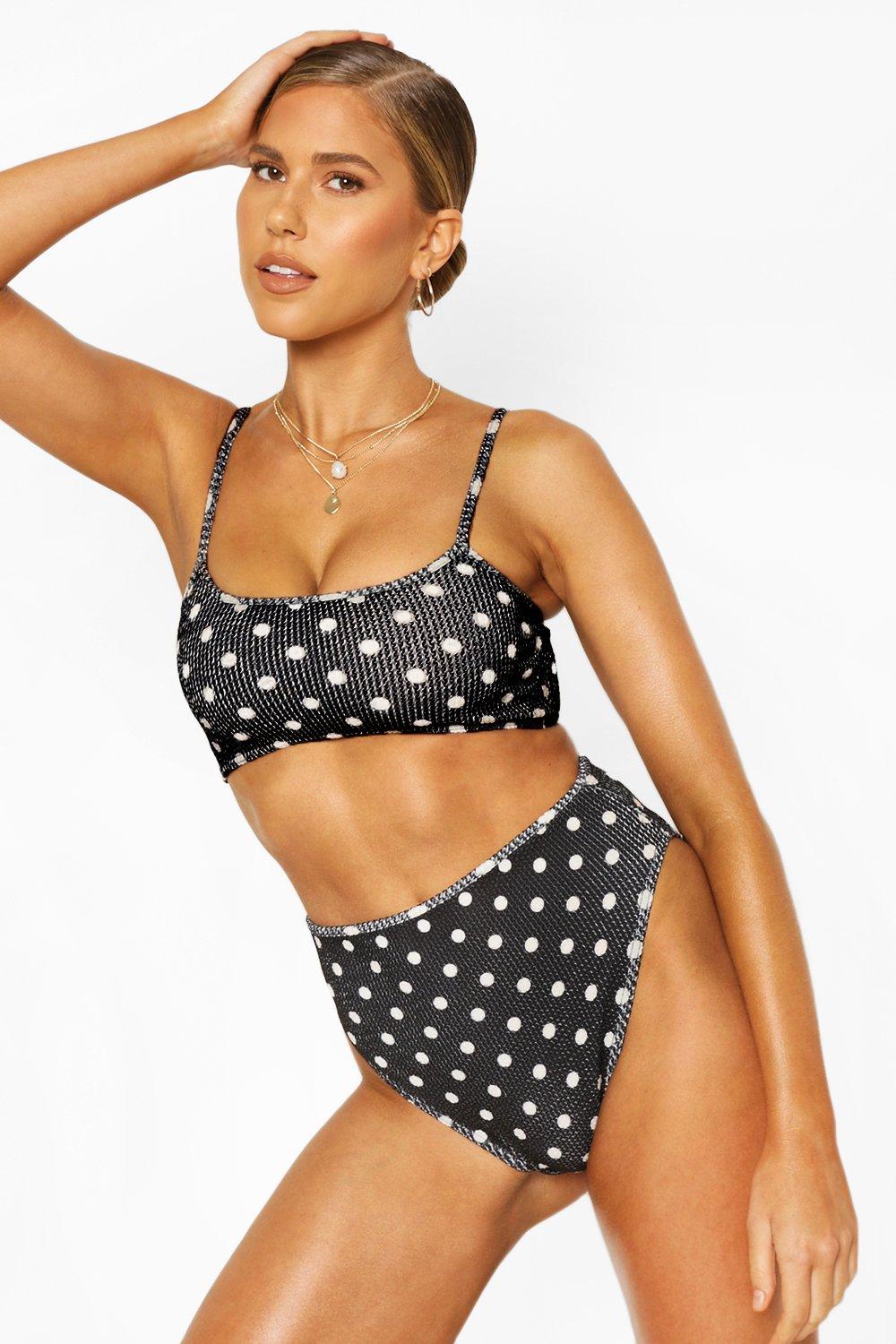 Polkastippen Bikini Met Hoge Taille En Gekreukelde Vierkante Hals Boohoo Nederland