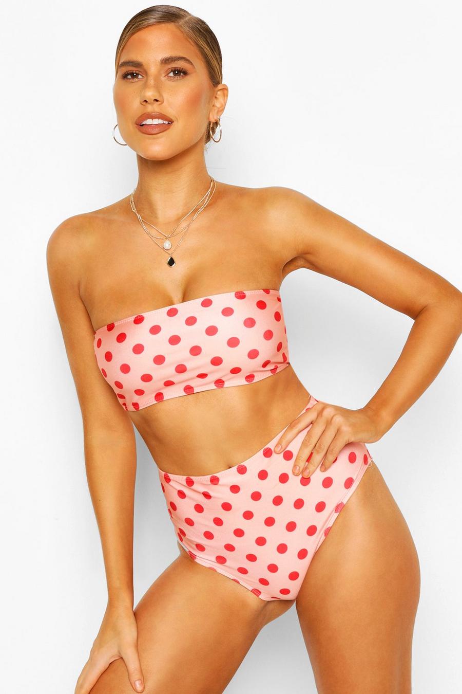 High-waist Bandeau-Bikini mit Pünktchen image number 1