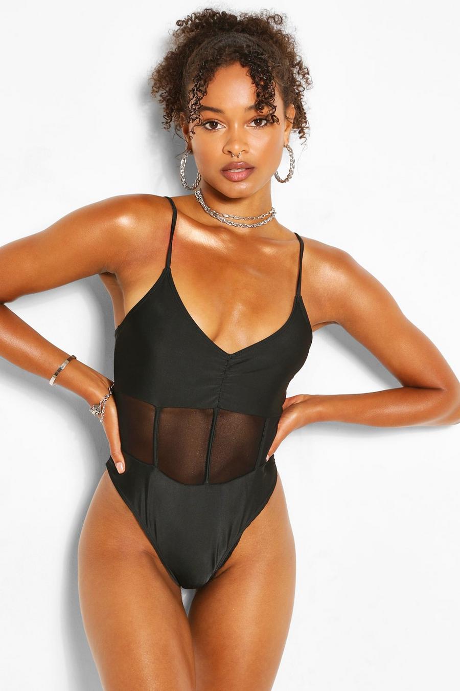Black Mesh Corset Detail One Piece Swimsuit image number 1