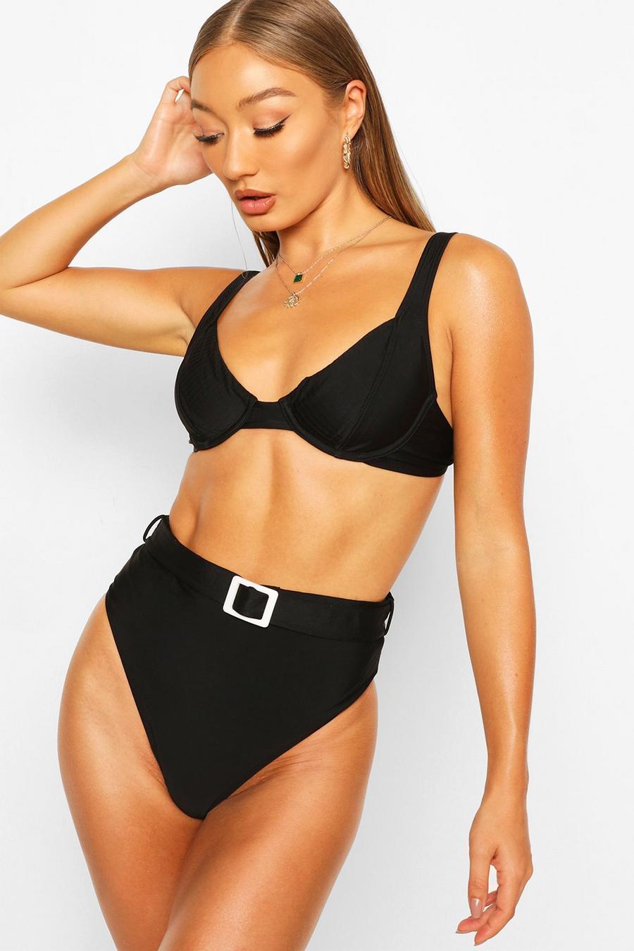 High-Waist Bikini mit Gürtel und Bügel, Schwarz image number 1