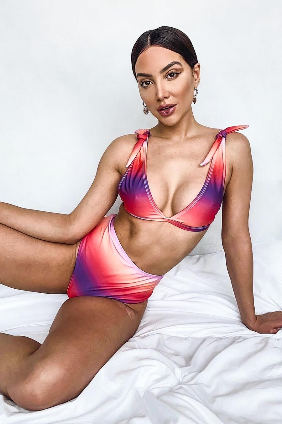 Bikini taille haute noué aux épaules imprimé ombré, Rose image number 1