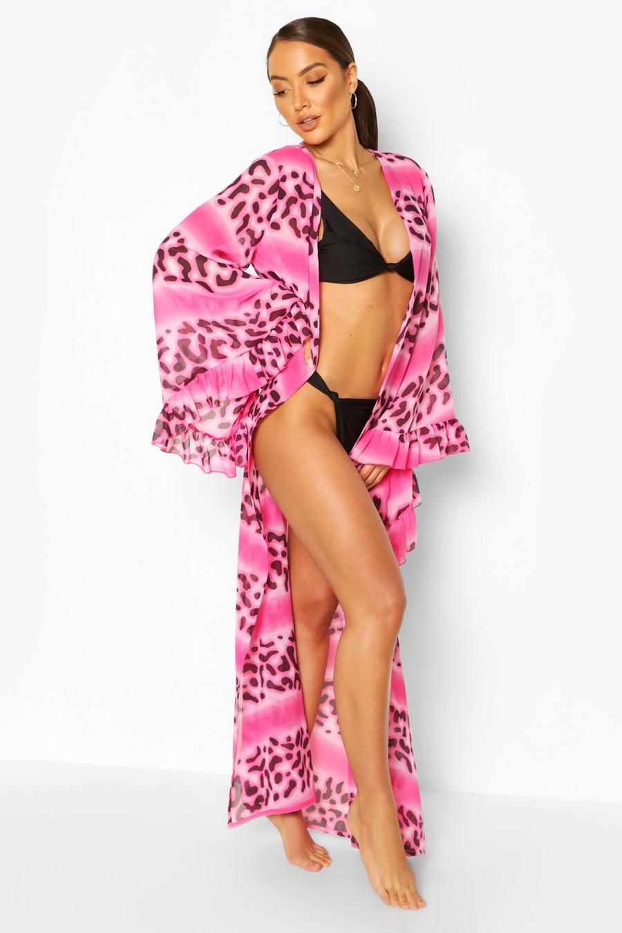 Kimono de plage maxi à volants imprimé léopard ombré image number 1