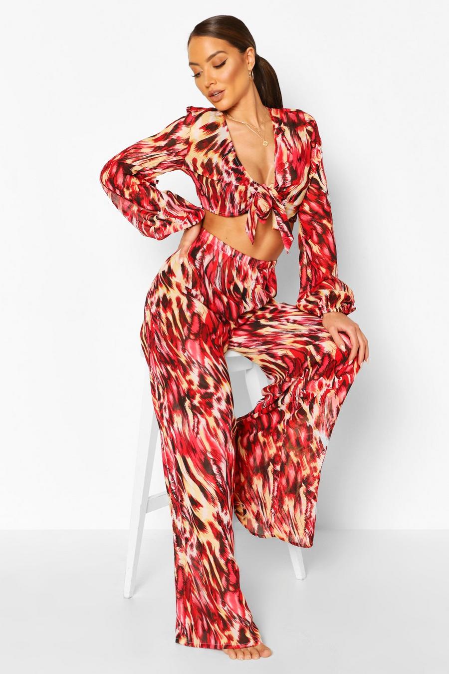 Ensemble pantalon de plage et top noué imprimé léopard image number 1