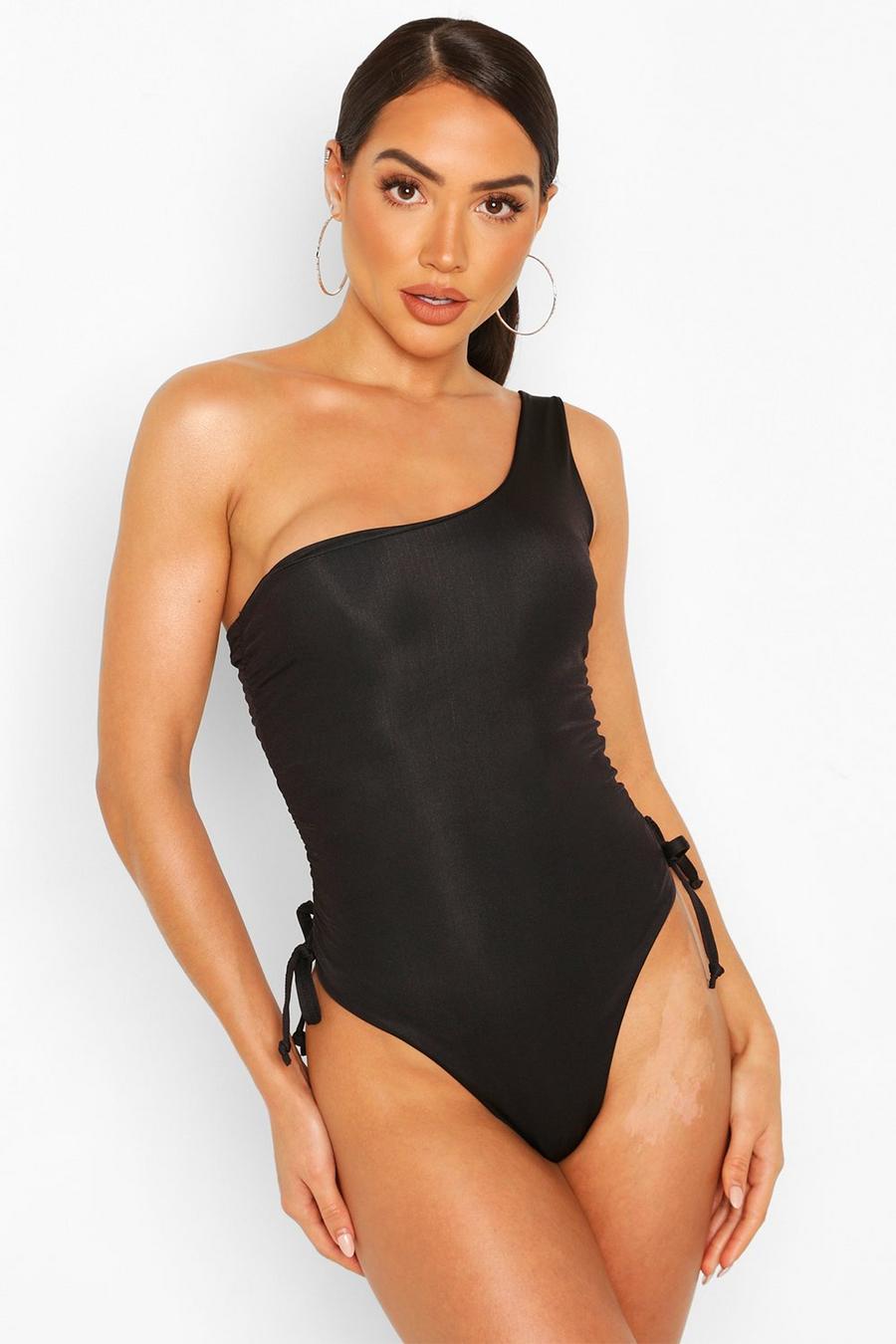 Black One Shoulder Ruched Side Swimsuit image number 1