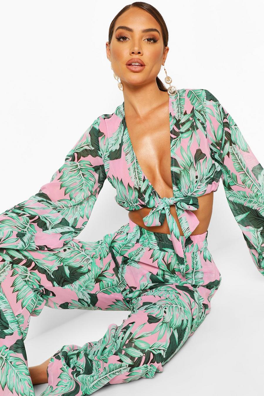 Green Palm Print Crop & Wide Leg Pants Co-Ord image number 1
