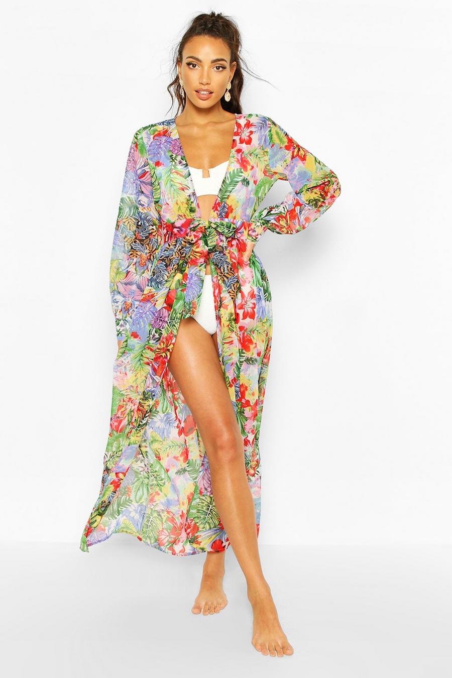 Beach Tropical Print Tie Front Long Sleeve Kimono image number 1