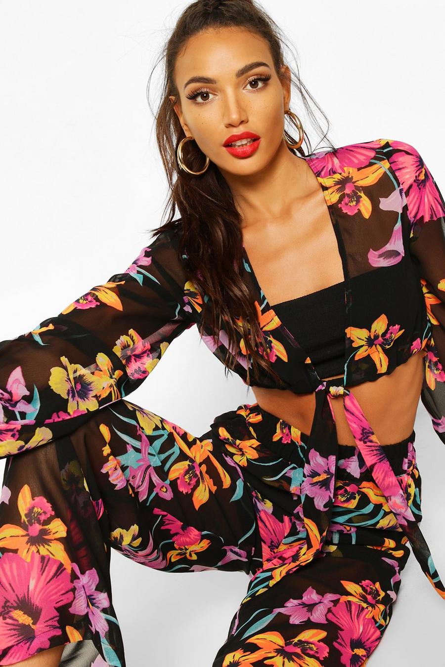 Neon Floral Tie Front & Wide Leg Pants Co-Ord image number 1