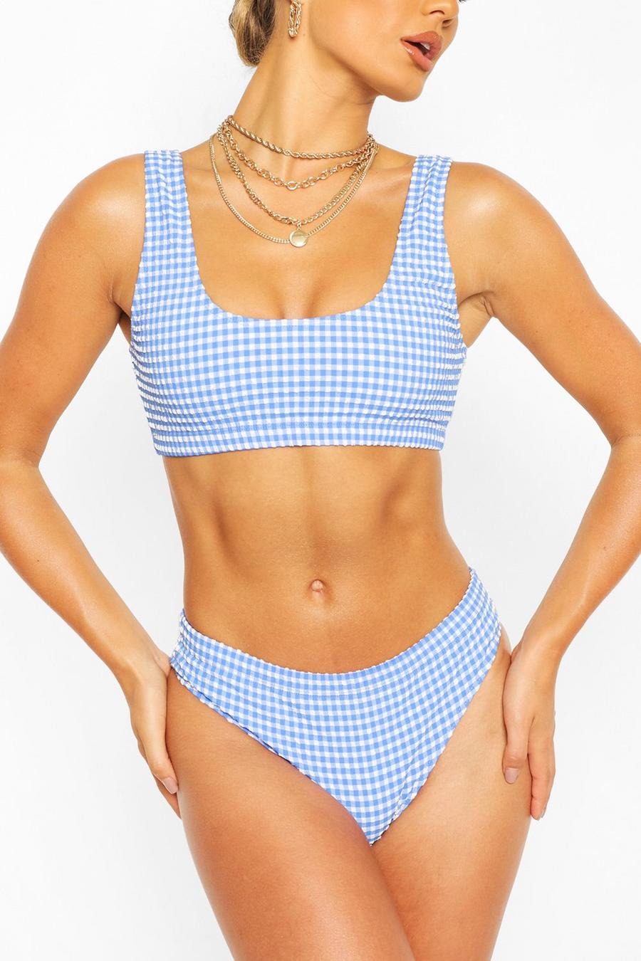 Texturierter, kurzer High-Waist Bikini mit Vichy-Karos, Blau image number 1