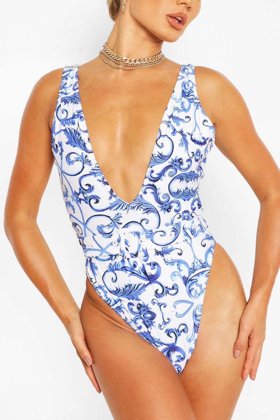 בגד ים עם מחשוף וחגורה בהדפס פורצלן כחול image number 1