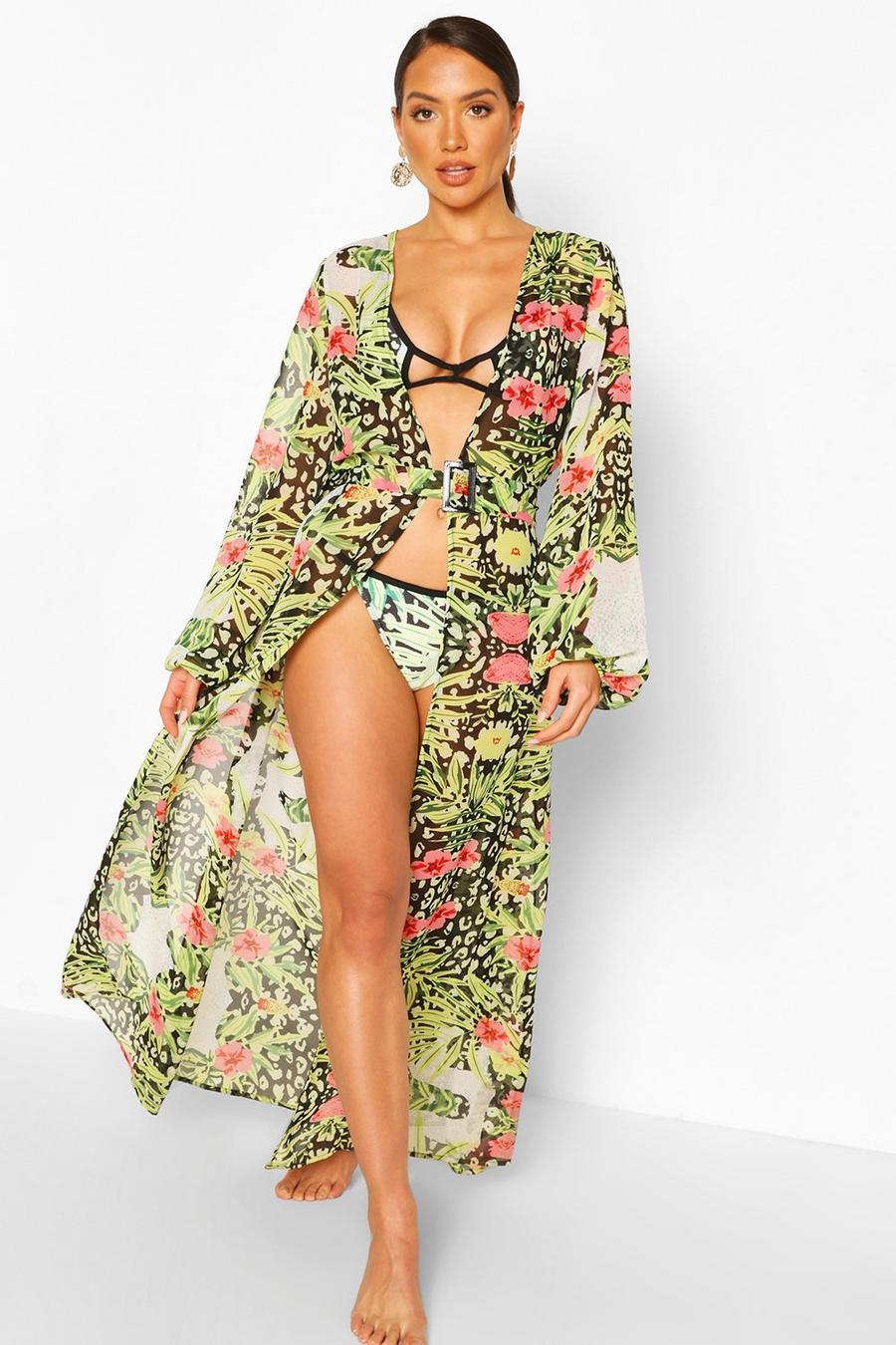Kimono maxi de playa con cinturón de estampado animal tropical image number 1