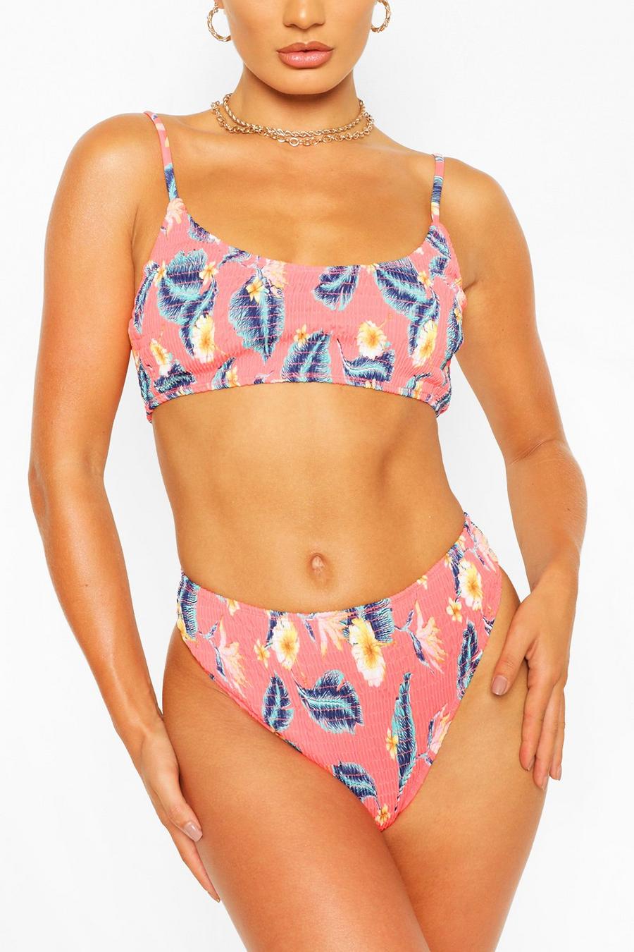 Kurzer, geraffter Bikini mit neonfarbenem Tropical-Print, Korallrot image number 1