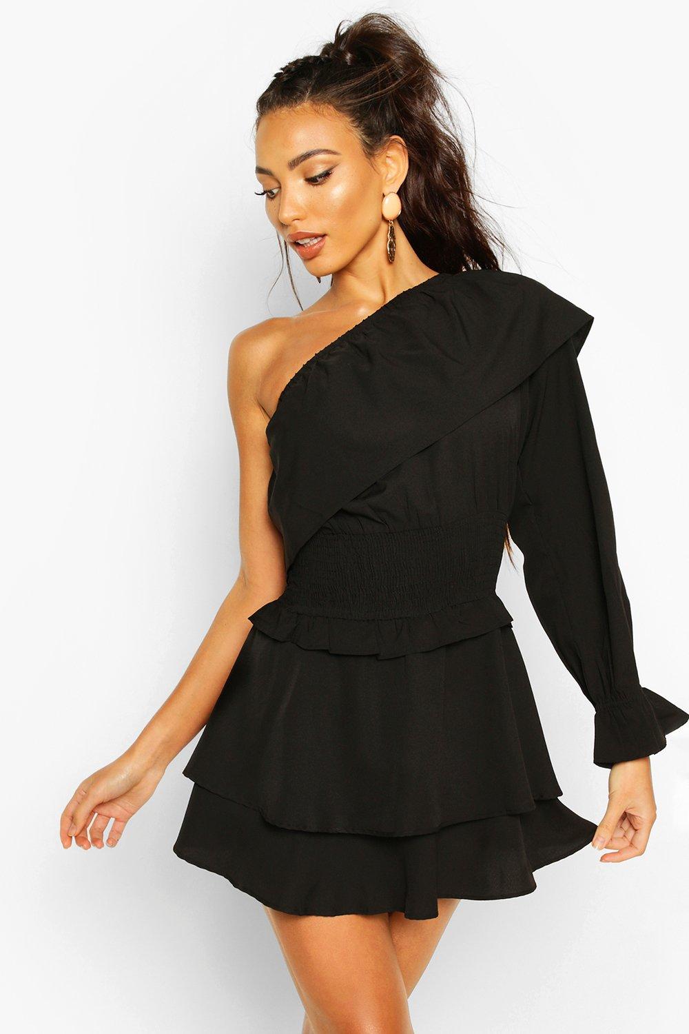 boohoo black one shoulder dress