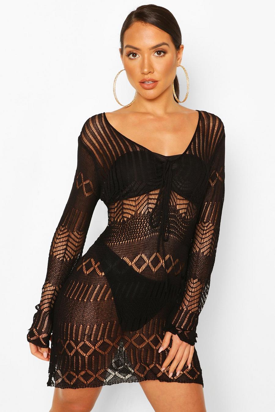 Black Knitted Crochet Beach Cover Up image number 1