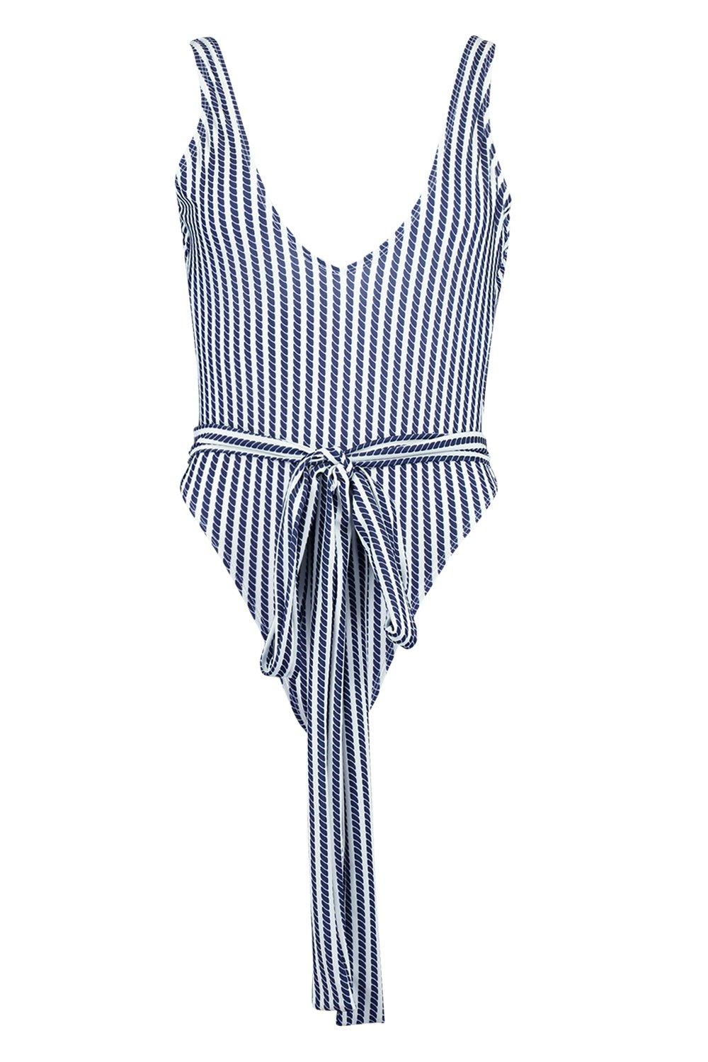 boohoo Womens Nautical Rope Tie Waist Bathing Suit - Navy 4
