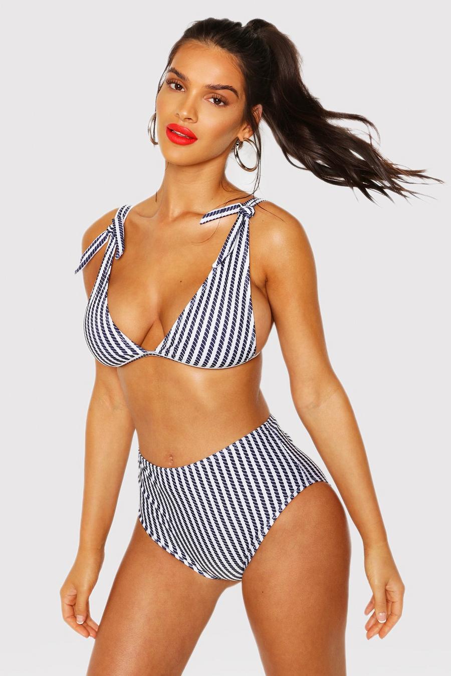 Navy Bikini i marin stil med knytdetaljer och hög midja image number 1