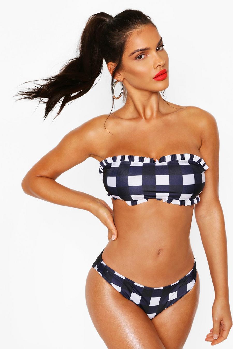 Bikini à imprimé vichy avec haut bandeau à volants et bas taille basse, Marine image number 1