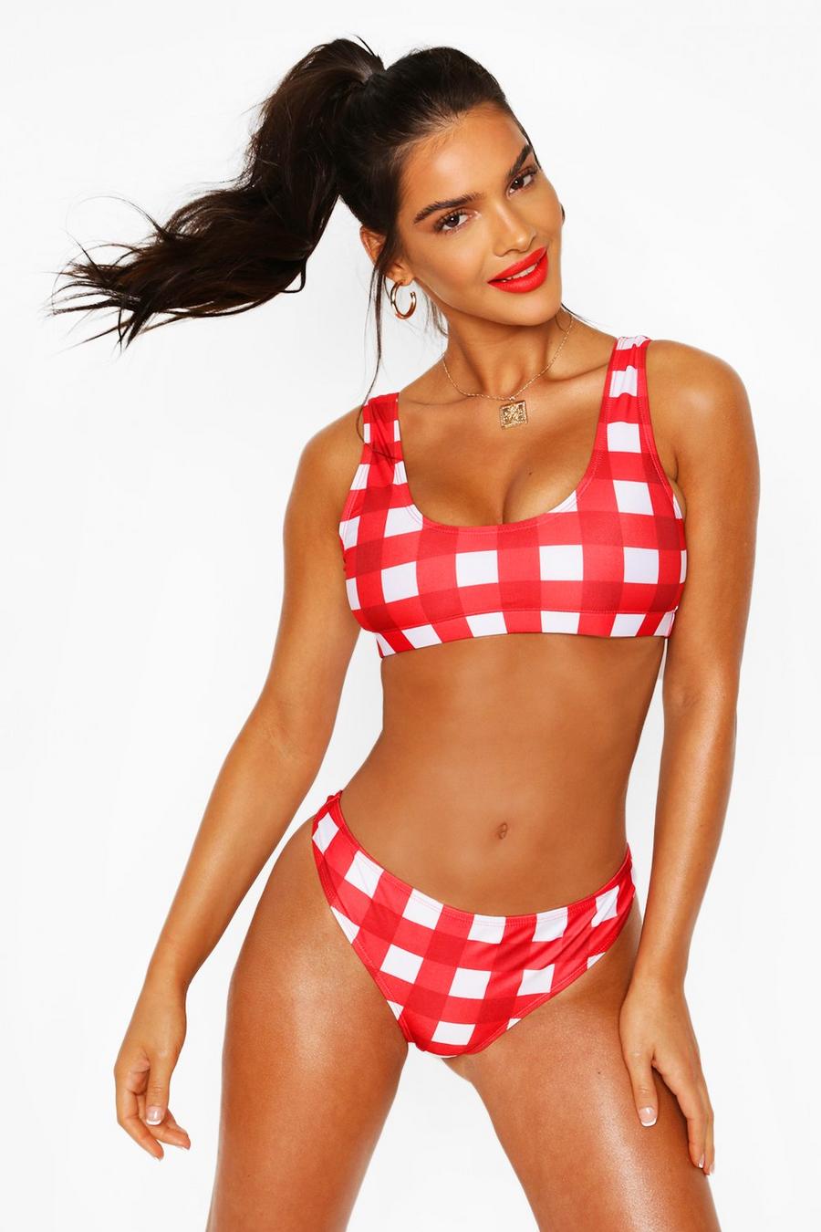 Gingham Bikini mit hohem Beinausschnitt, Rot image number 1