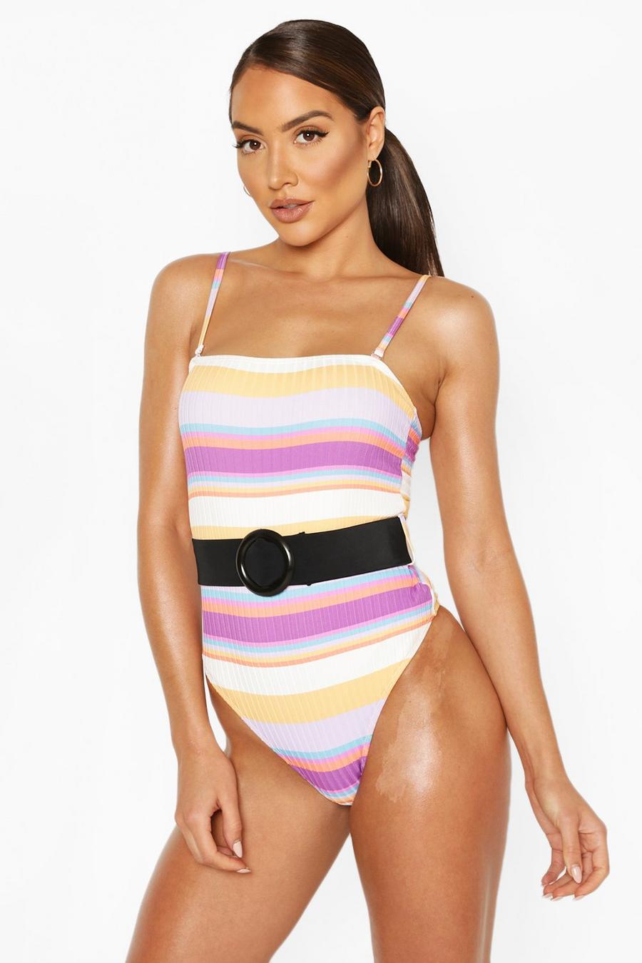 Yellow Petite Ribbed Textured Square Neck Belted Swimsuit image number 1