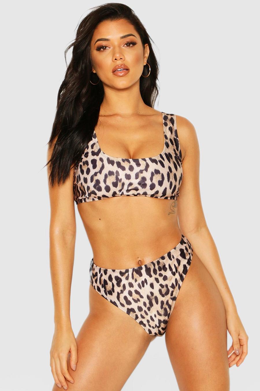 Bikini corto leopardato a vita alta, Marrone