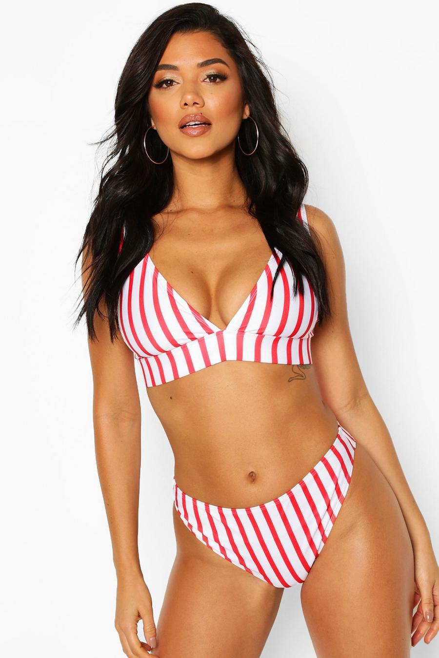 White Stripe Plunge Triangle Cheeky Bikini Set image number 1