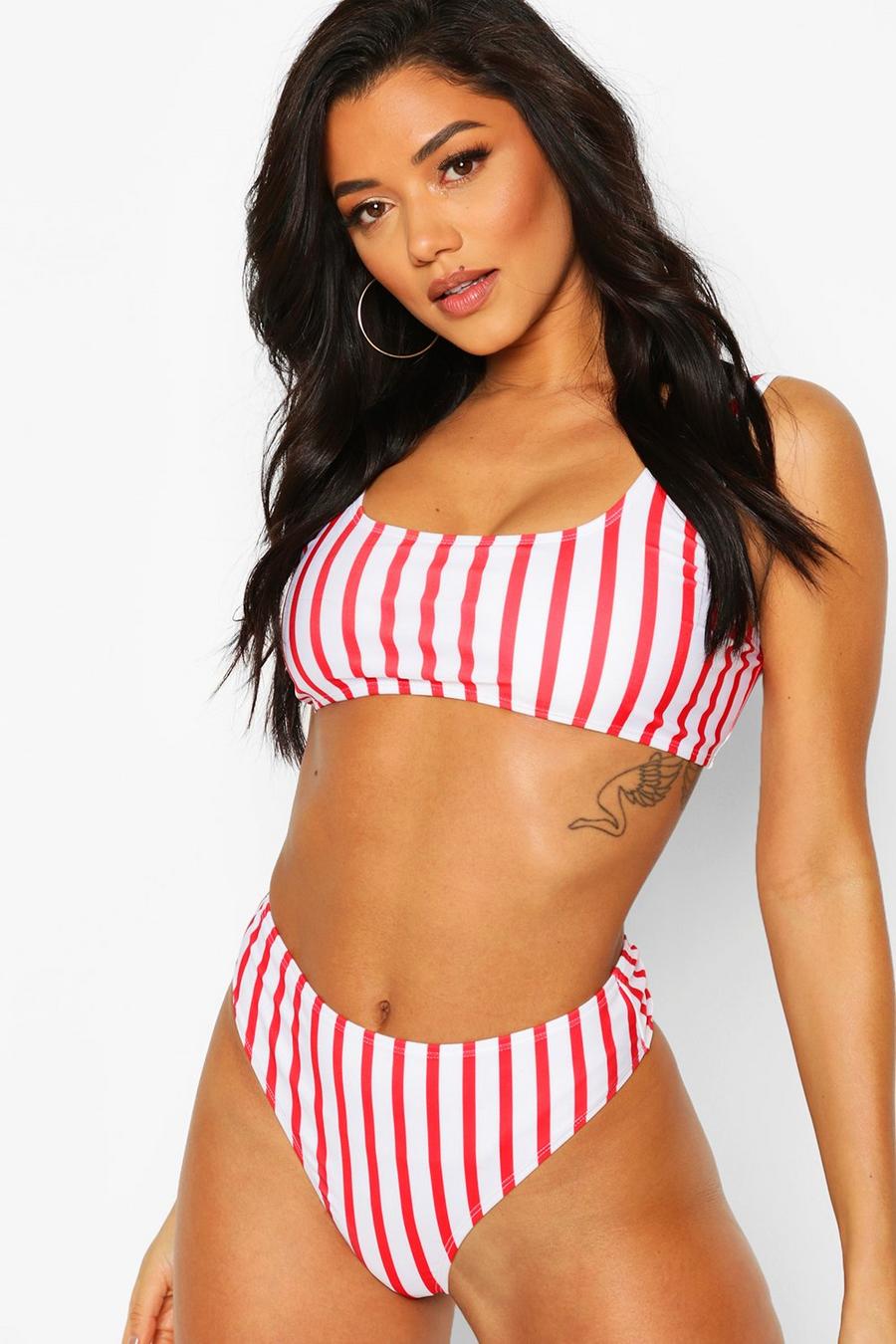 White Stripe Crop High Waist Bikini image number 1