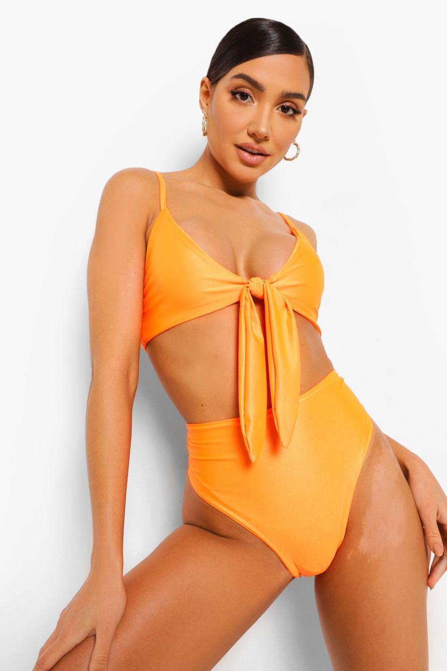 Orange Tie Front High Waist Triangle Bikini image number 1